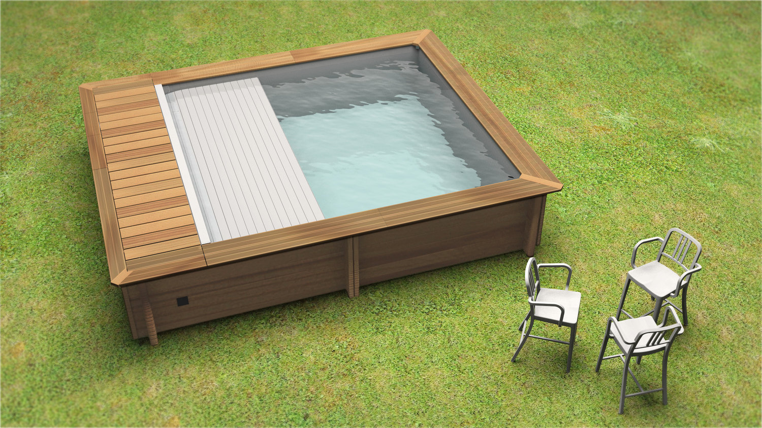 piscina in legno con copertura tapparella